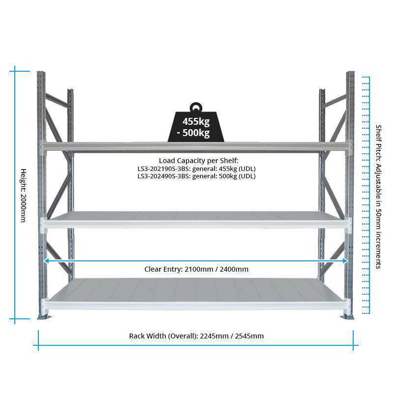 Dexion Longspan 3 Shelving - 900mm Deep - 3 Steel Shelves